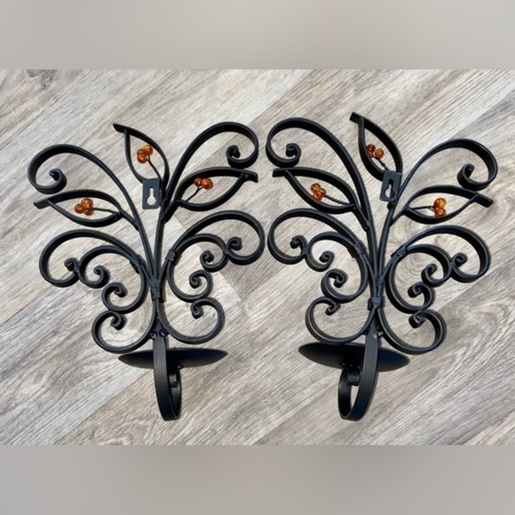 3/75$ Set of 2 Metal Wall mounted Candle Sconce Holder black thick metal‎ leaves - Picture 6 of 14